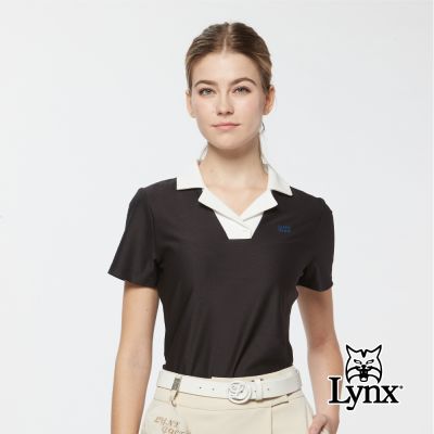 【Lynx Golf】首爾高桿風格！女款合身版吸濕排汗涼感彈性特殊領型短袖POLO衫/高爾夫球衫-黑色