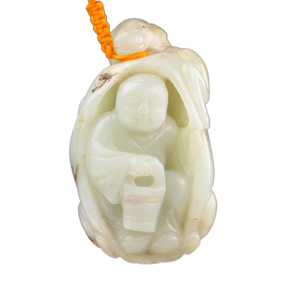 漢石齋】天然A貨和田白玉帶皮鹿乳奉親玉佩手把件(47*81*34mm