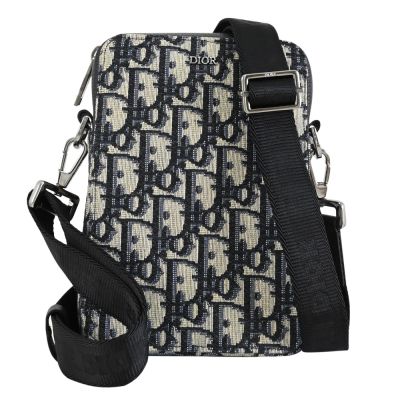 Christian DIOR Vertical 滿版緹花設計拉鍊斜背手機包/小方包(深藍)