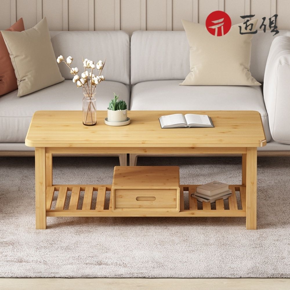 客廳茶几桌簡約雙層附抽屜120x60x47CM 時尚小茶桌茶臺多功能茶几日式矮