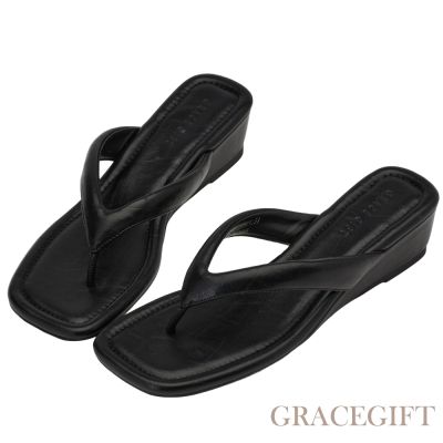 【Grace Gift】韓系微增高楔型人字拖鞋 黑