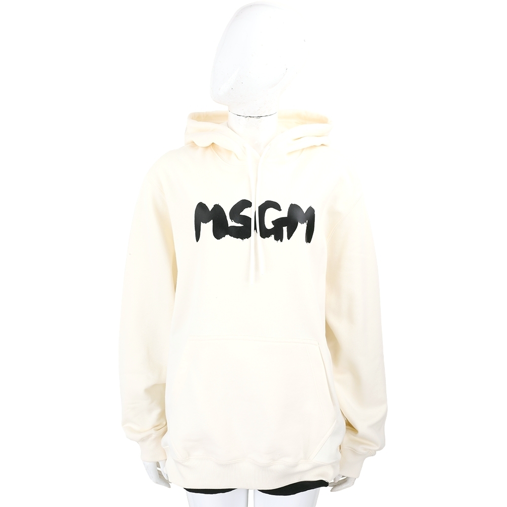 MSGM 粗黑字刷毛襯裡米色連帽長袖口袋運動衫 大學T(女款)