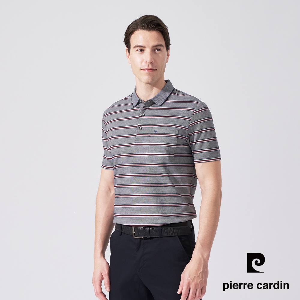 pierre cardin 皮爾卡登 男款 雙色網眼橫條印花短袖POLO衫-灰藍色(5247254-38)