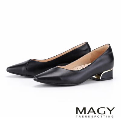 MAGY 嚴選牛皮金色金屬飾邊尖頭低跟包鞋 黑色