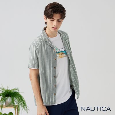 Nautica 男裝 品牌帆船刺繡LOGO細條紋短袖襯衫-灰色