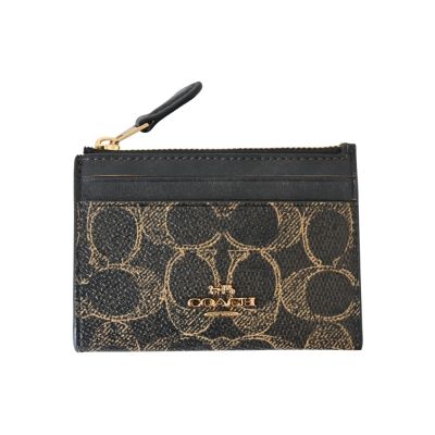COACH 塗鴉風棕黃色C Logo PVC 拼接皮革前卡夾鑰匙零錢包