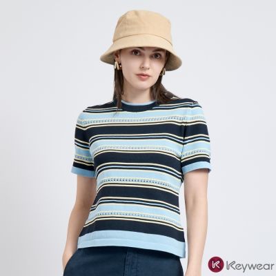 KeyWear奇威名品    顯瘦條紋短袖針織上衣(共3色)-藍色
