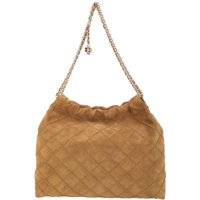 TORY BURCH Fleming 立體雙T吊飾 麂皮菱格雙鍊帶小牛皮束口肩背包 流浪包(棕色)