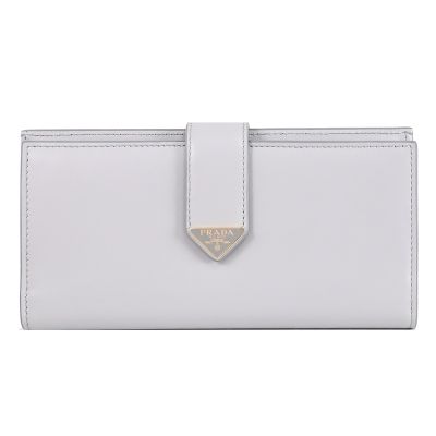 PRADA 金屬三角LOGO牛皮對開扣式零錢長夾(淺灰藍)