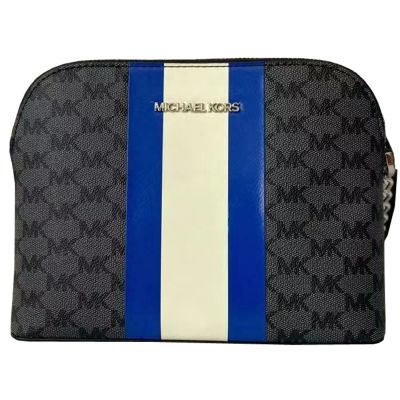 【Michael Kors】專櫃款藍x白x黑灰PVC滿版LOGO貝殼包