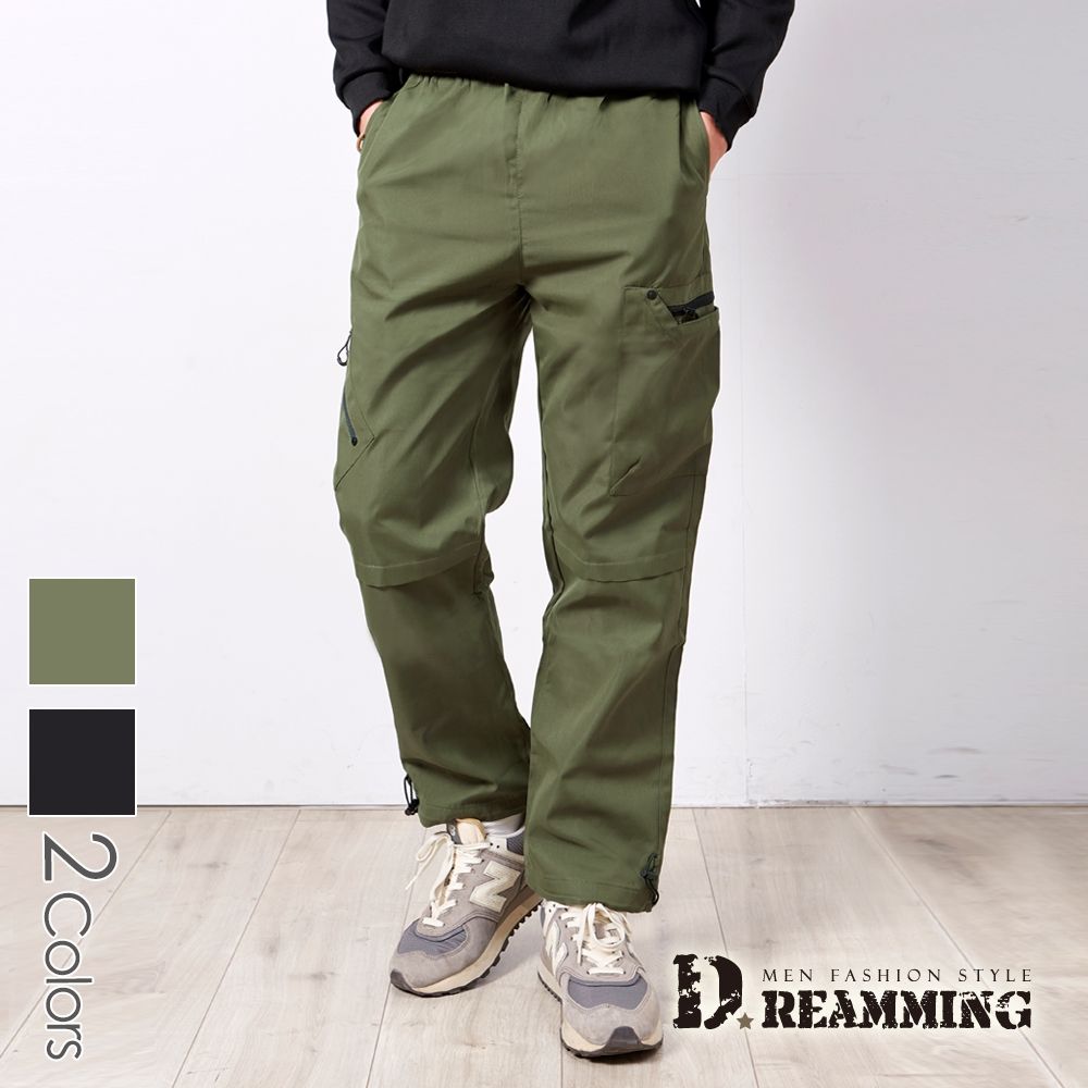 Dreamming 美式街頭多口袋工裝長褲 傘兵褲 直筒寬褲 無彈性-共二色 (軍綠)