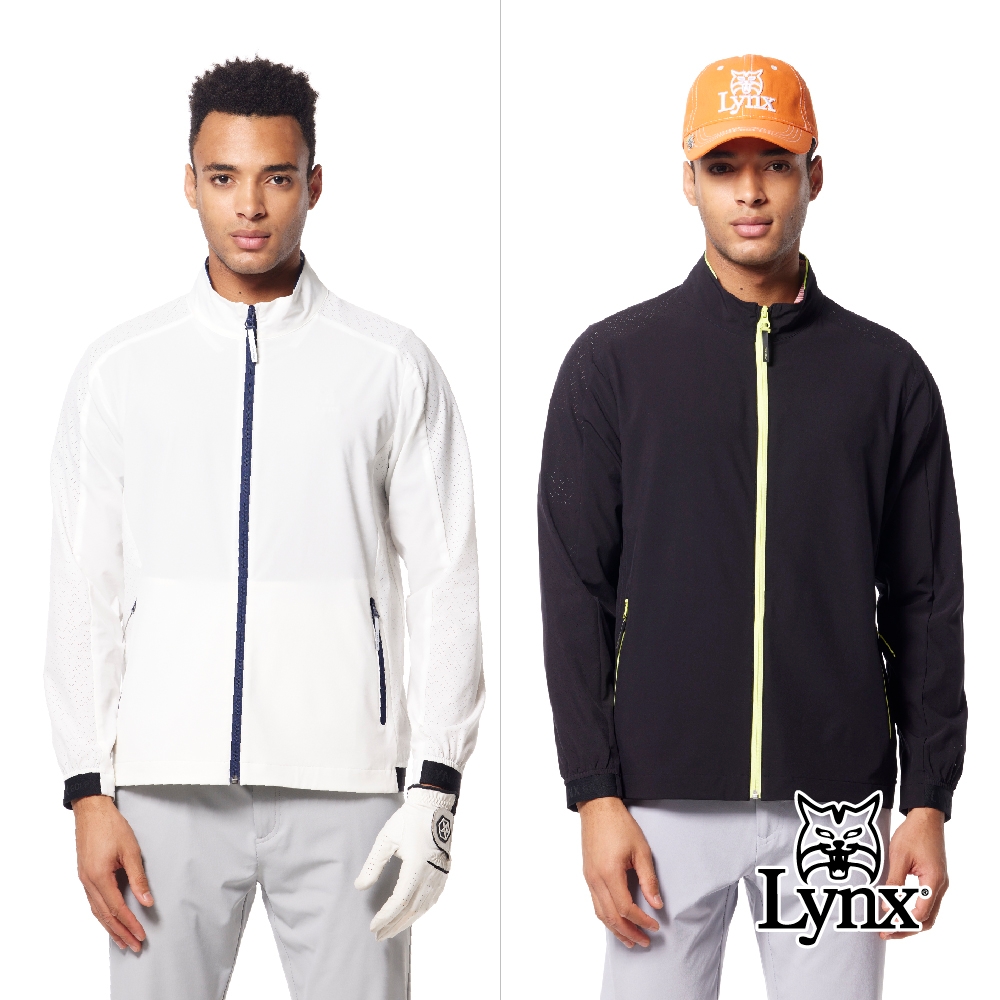 【Lynx Golf】男款抗UV機能輕薄舒適後背山貓沖孔造型配布剪裁設計拉鍊口袋長袖外套(二色) (白色)