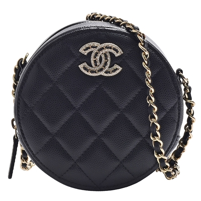 CHANEL香奈兒 經典皮革水鑽雙C LOGO菱格粒紋牛皮鍊帶拉鍊圓形斜背包(黑)