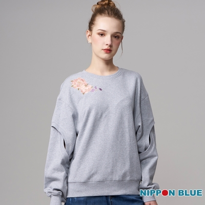 日本藍 BLUE WAY – 牡丹繡花縷空拼接長TEE(麻灰)