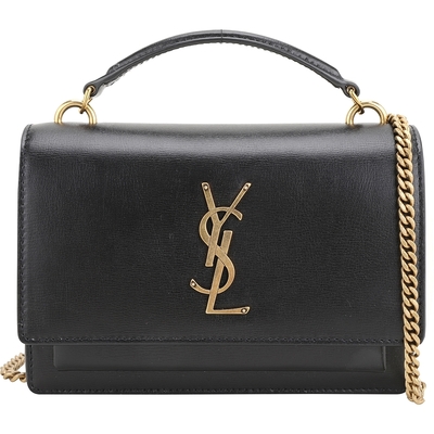 YSL Saint Laurent SUNSET 小型 復古銅金Logo牛皮翻蓋斜背/手提包(黑色)