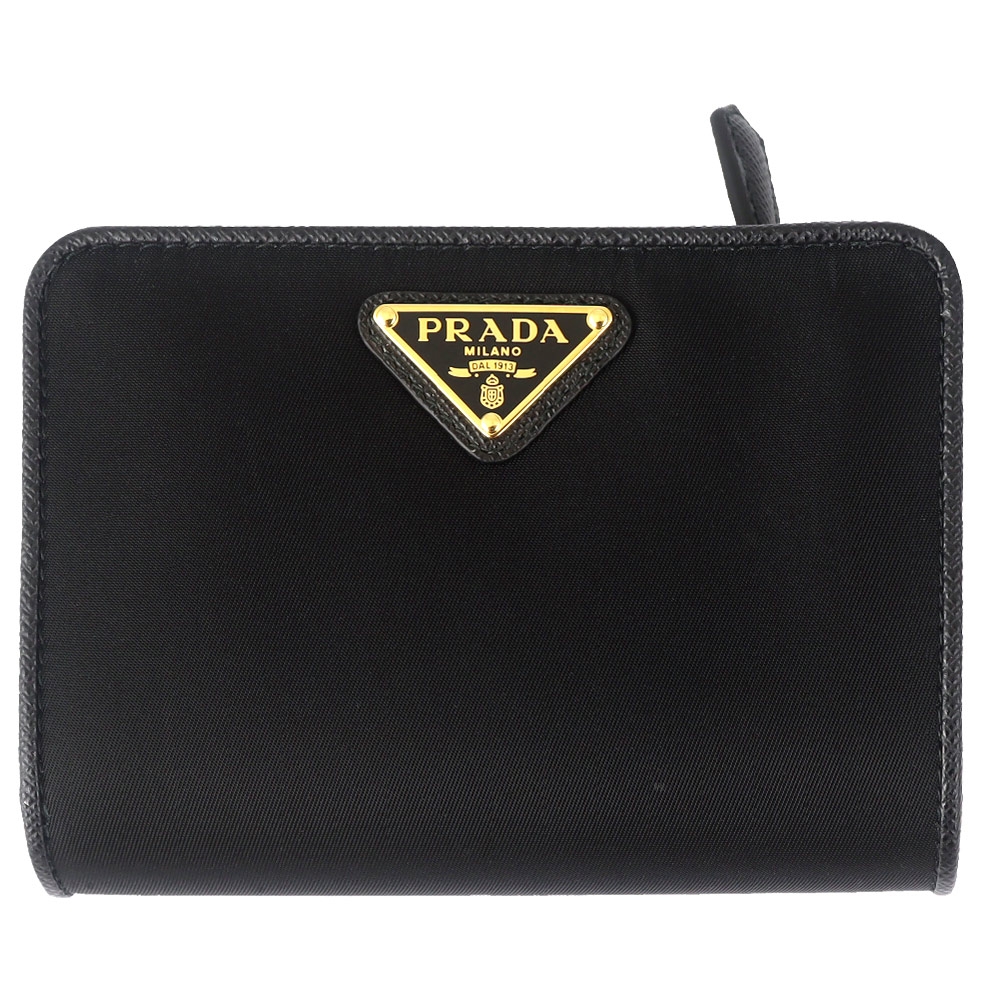 PRADA 三角牌黑色尼龍皮邊翻蓋短夾(5卡/拉鍊夾層)
