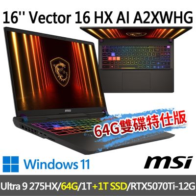 MSI微星 Vector 16 HX AI A2XWHG-477TW 16吋(Ultra 9 275HX/64G/1T SSD+1T SSD/RTX5070Ti-12G/W11-64G雙碟特仕版)