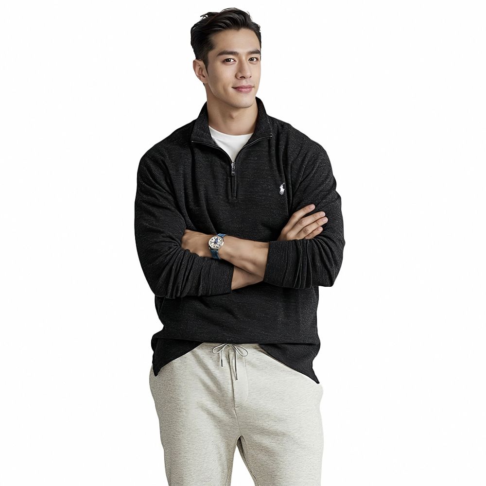 Polo Ralph Lauren RL 熱銷刺繡小馬半開襟立領大學T恤-麻花黑色