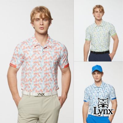 【Lynx Golf】男款吸濕排汗幾何線條印花袖剪接短袖POLO衫(三色)
