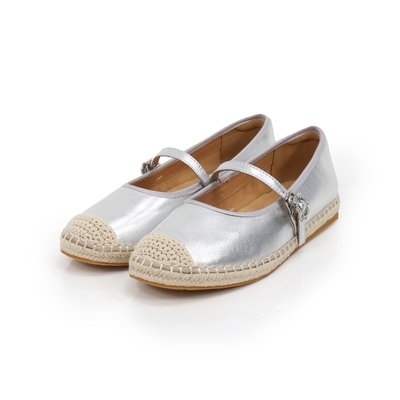viina簡約草編休閒瑪莉珍平底鞋-銀