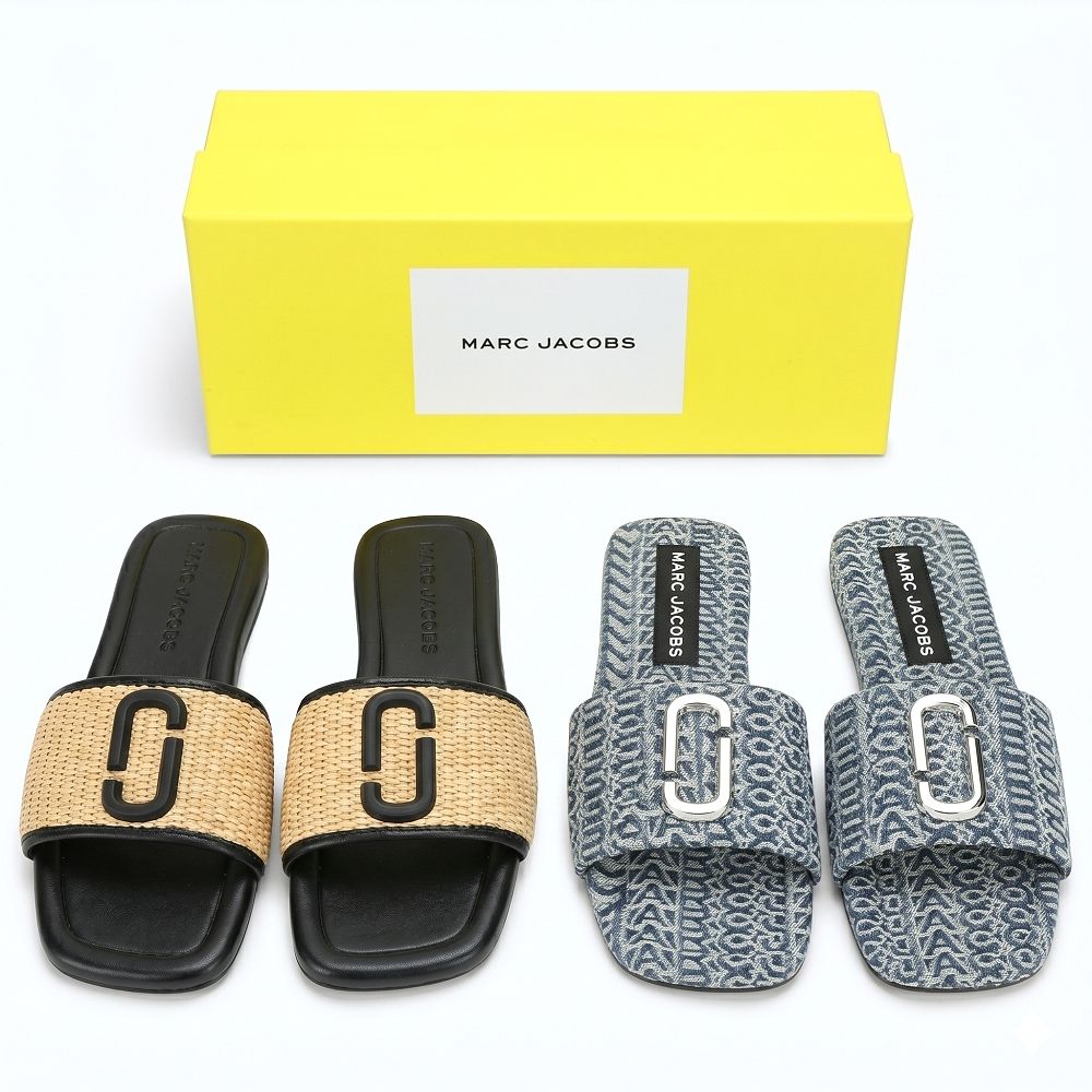 MARC JACOBS MJ The J Marc 度假風拉菲草/丹寧方頭涼 拖鞋-2款可選 (拉菲草-黑色)