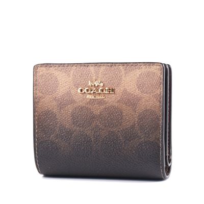 COACH 緹花LOGO防刮皮革釦式拉鍊袋短夾-漸層咖啡