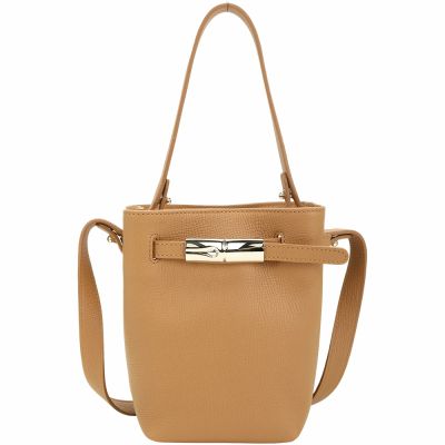 LONGCHAMP Le Smart XS 竹節扣帶荔紋小牛皮手提 肩斜背水桶包(淡紅褐色)