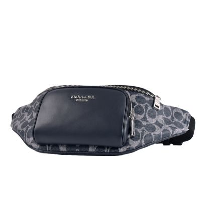 COACH Racer 緹花LOGO防刮拚小牛皮雙拉鍊置物腰包-單寧藍/大