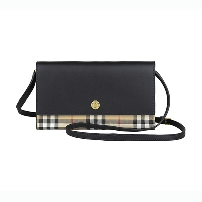 BURBERRY 巴寶莉 Hannah壓印金字釦LOGO小牛皮拼接格紋PVC 12卡釦式斜背長夾(黑x米格紋)