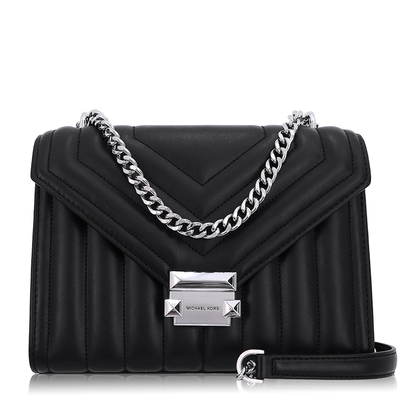 Michael Kors 絎縫皮革設計 / 斜背包(小款/黑銀)