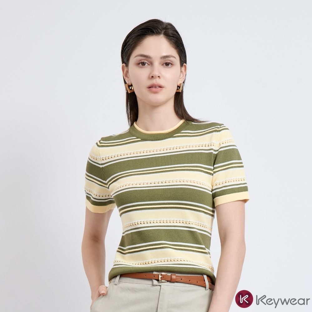 KeyWear奇威名品    顯瘦條紋短袖針織上衣(共3色)-黃色