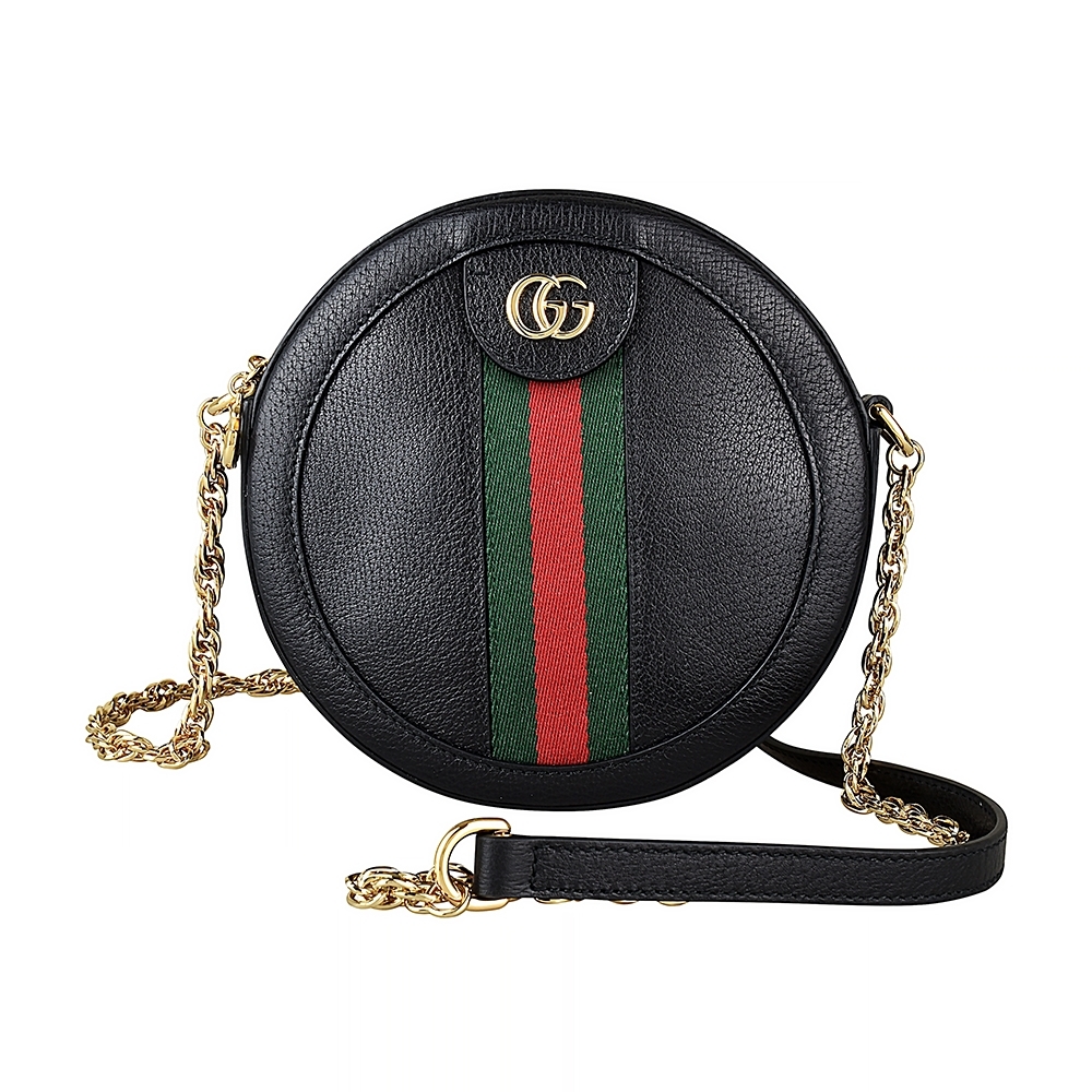 GUCCI 古馳 金屬LOGO綠紅綠織帶牛皮鏈帶拉鍊斜背圓型包