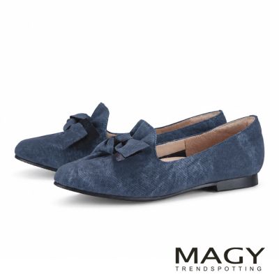 MAGY 扭結蝴蝶結素面牛皮平底鞋 深藍