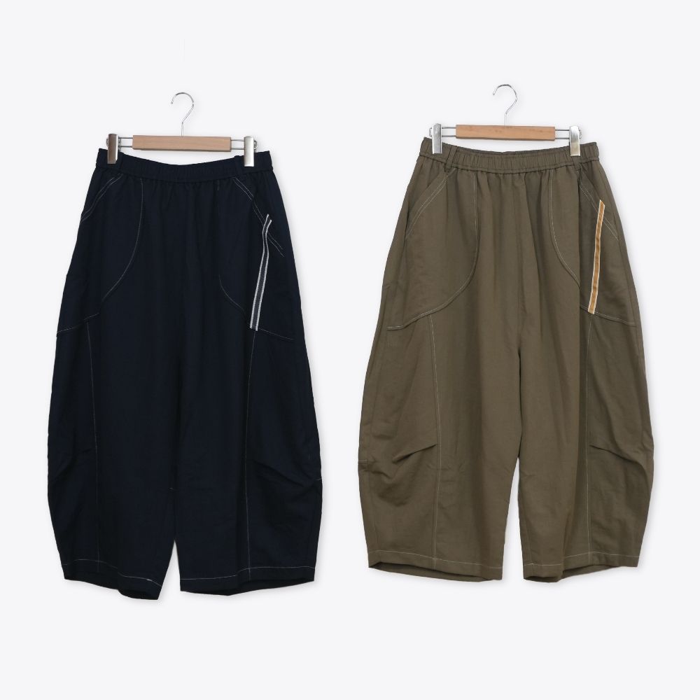【MOSS CLUB】撞色車線織帶裝飾寬鬆七分褲 藍 卡