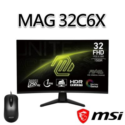 【滑鼠組】msi微星 MAG 32C6X 31.5吋 曲面電競螢幕 (31.5 /1920x1080/16:9/250Hz/VA/曲面)