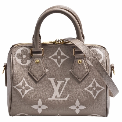 LV Louis Vuitton路易威登 M46575經典Speedy Bandoulière 20 Empreinte皮革手提/斜背包(斑鳩灰/米色)