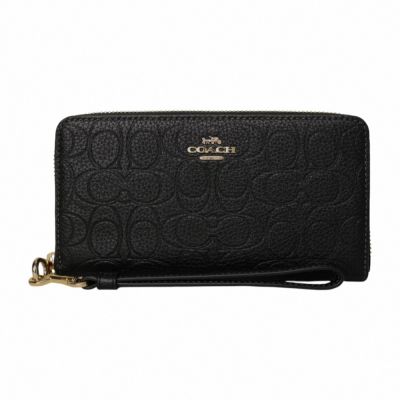 COACH 立體壓印LOGO皮革拉鍊掛帶長夾(素面黑)