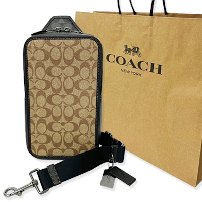 COACH 男款C LOGO硬殼胸前包/單肩斜背包附紙袋(焦糖/黑灰)