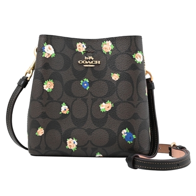 COACH Mini Town 馬車LOGO玫瑰印花斜背迷你水桶包(深咖)