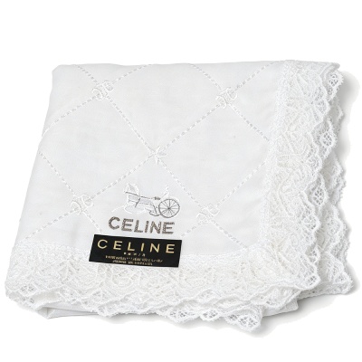 CELINE 白馬車蕾絲刺繡菱格圖騰字母LOGO帕巾(46CM)
