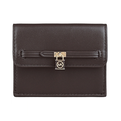 MK MICHAEL KORS Hamilton Legacy圓標字母LOGO鎖頭設計牛皮2卡釦式卡片零錢包(巧克力棕)