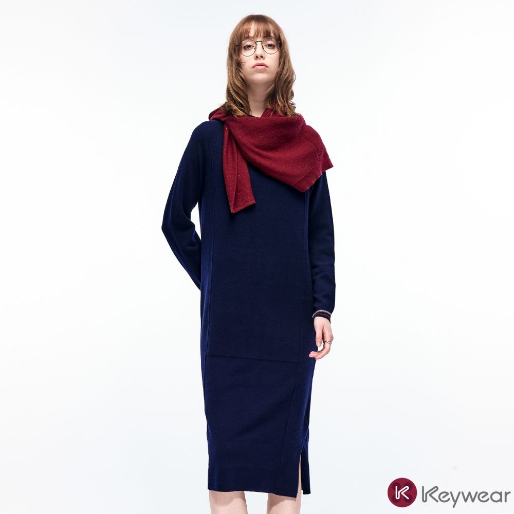 KeyWear奇威名品 羊毛長袖針織洋裝-深藍色