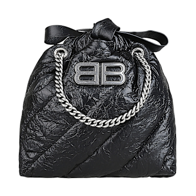 BALENCIAGA巴黎世家 BALENCIAGA CRUSH仿舊銀字 LOGO絎縫皺褶設計小牛皮抽繩束口鍊帶手提斜背包(迷你/黑)