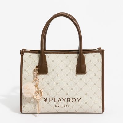 PLAYBOY - 手提包附長背帶 Bunny Lattice系列 - 咖啡色