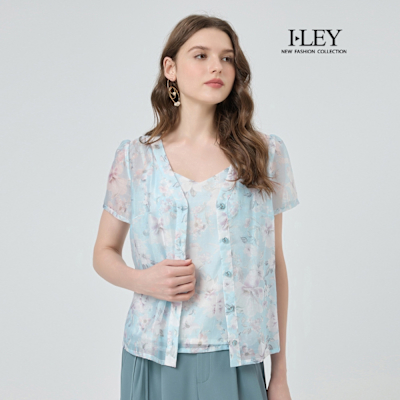 ILEY伊蕾 萊賽爾假兩件印花上衣(淺藍；M-XL)