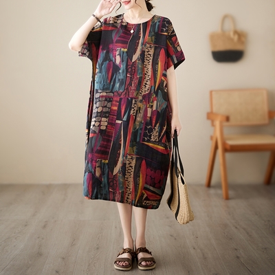 AKARA 涼感 棉麻 大碼 清質感棉麻畫布風短袖洋裝 3XL可(涼感 棉麻 中大尺碼 短袖)