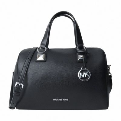 MICHAEL KORS 銀字荔枝紋皮革兩用波士頓包(素面黑)小款