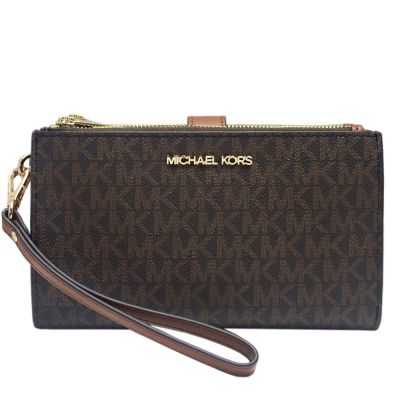 Michael Kors  金字滿版拼接雙層手機長夾(深咖-可手掛)