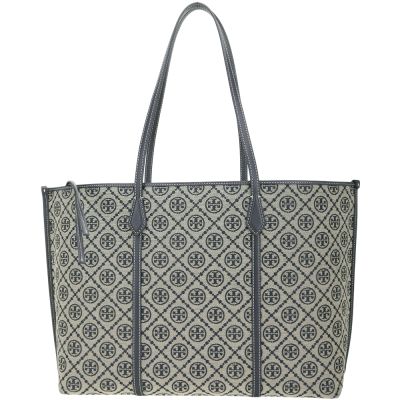 TORY BURCH T Monogram Perry 大款 緹花編織拼皮革可拆內層手提 肩背托特包(海軍藍)