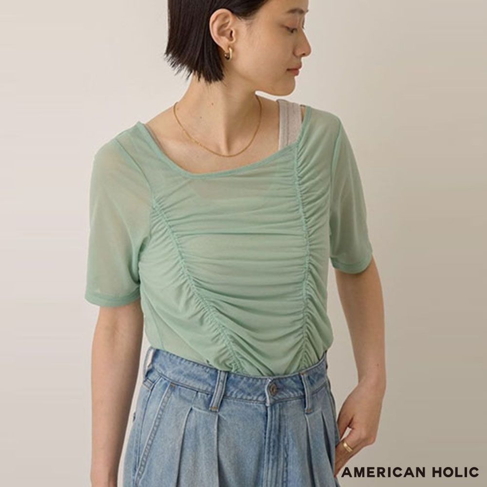 AMERICAN HOLIC【SET ITEM】不對稱透明褶皺剪裁上衣+閃亮金蔥背心